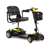 A orion yellow coloured Pride Mobility Go-Go LX 4-wheel mobility scooter with CTS suspension