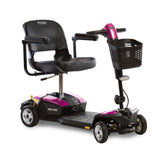 A pearl pink coloured Pride Mobility Go-Go LX 4-wheel mobility scooter with CTS suspension