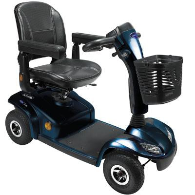 A blue colored Invacare Leo 4-Wheel mobility scooter