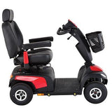 Side view of a red coloured Invacare Pegasus Pro 4-wheel mobility scooter