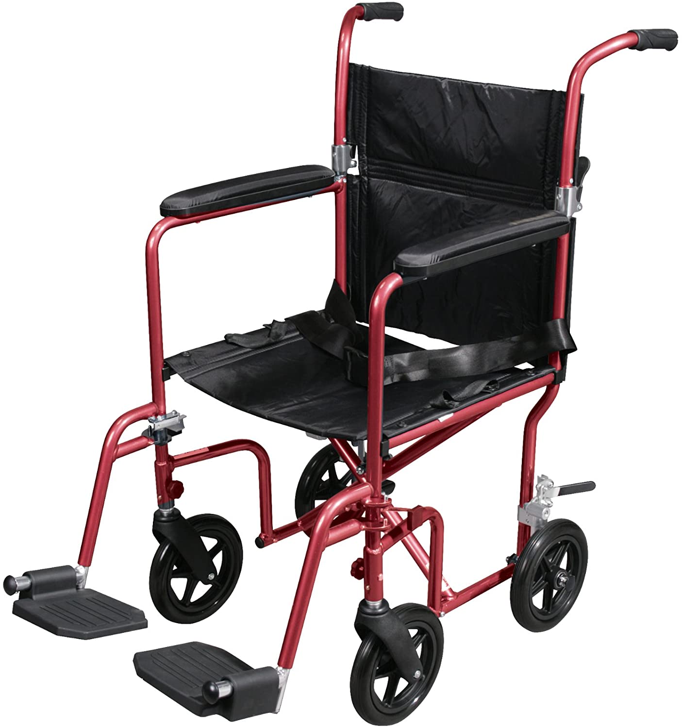 Flyweight Lightweight Transport Wheelchair with Removable Wheels, Red