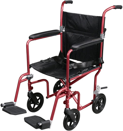 Flyweight Lightweight Transport Wheelchair with Removable Wheels, Red