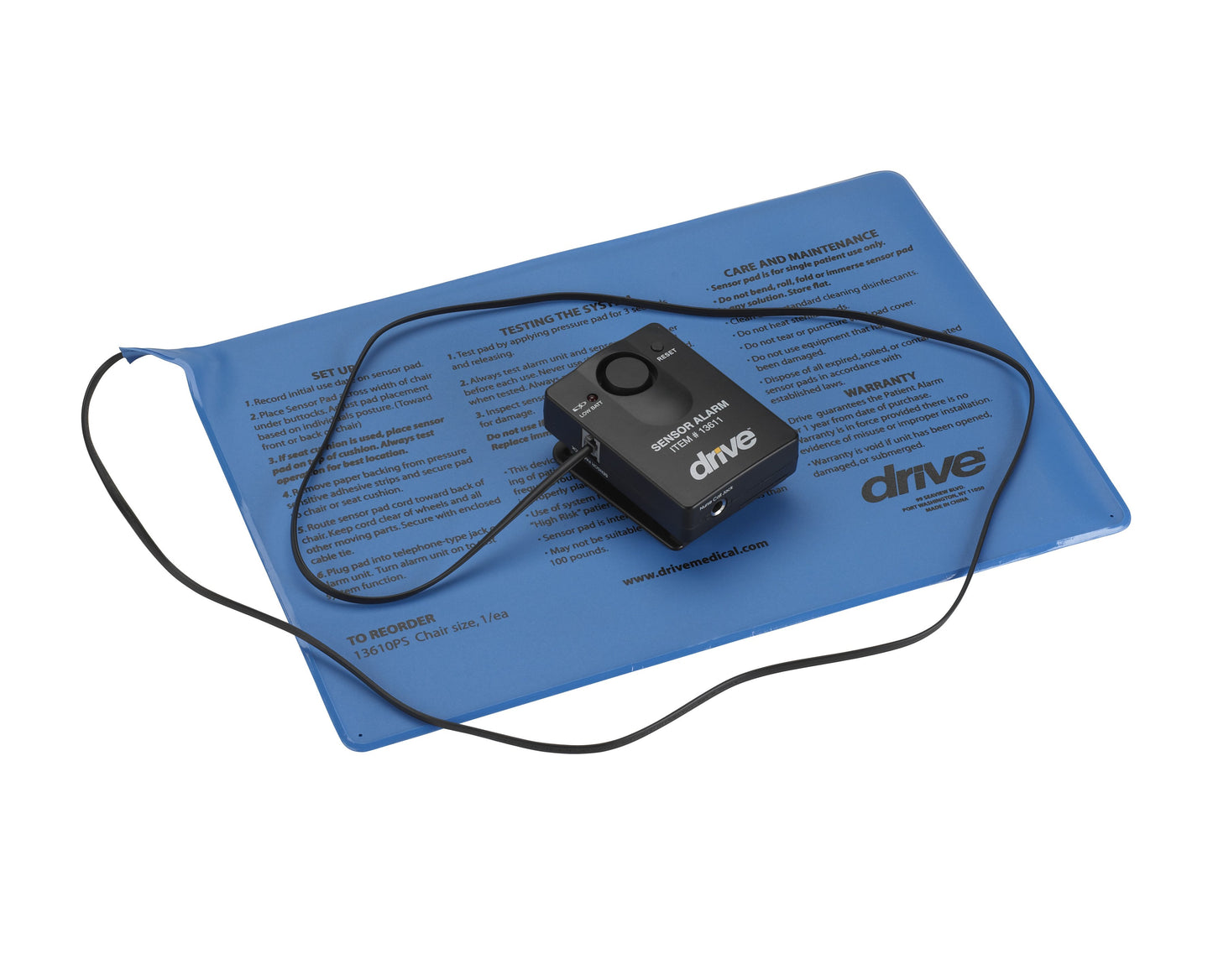 Pressure Sensitive Bed Chair Patient Alarm with Reset Button, 10" x 15" Chair Pad
