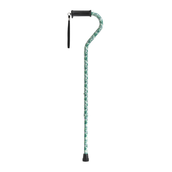 Adjustable Height Offset Handle Cane with Gel Hand Grip, Green Leaves